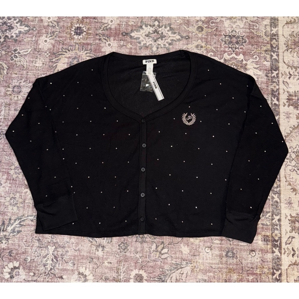 PINK Victoria's Secret Rhinestone Waffle Knit Cardigan Black Thermal Medium NWT‎